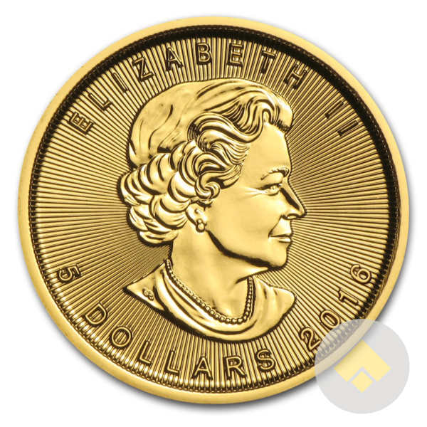 The 1/10 oz Canadian Gold Maple Leaf coin is a popular small fractional gold coin, this coin is both beautiful and affordable. These are one tenth oz Gold Maples Obverse