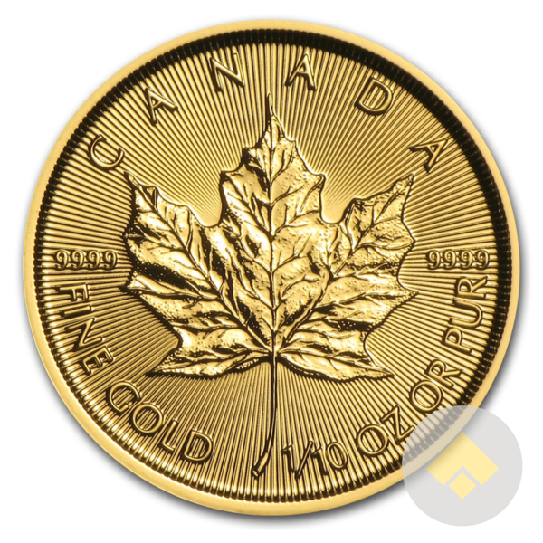 The 1/10 oz Canadian Gold Maple Leaf coin is a popular small fractional gold coin, this coin is both beautiful and affordable. These are one tenth oz Gold Maples