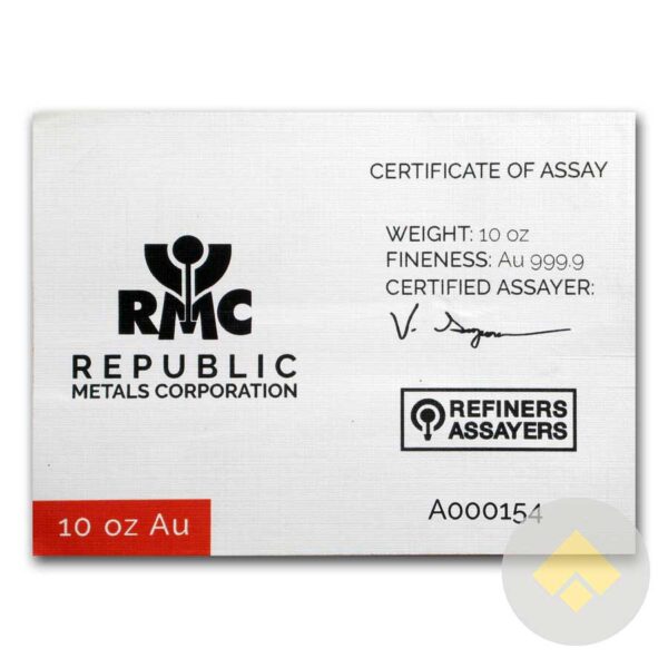 Republic Metals Corp. 10 oz Gold Bar Assay Certificate