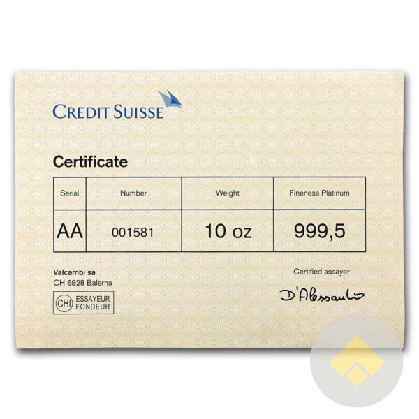 10 oz Credit Suisse Platinum Bar Assay Card